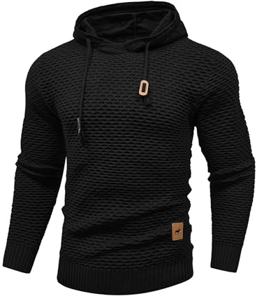 HYPESTFIT Men's 3D Fish Scale Form Fitting Muscle Knit Sweater Drawstring Hooded Sweatshirt Black