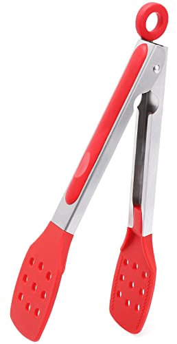 9 Zoll Küchenzange, Kochzange mit geschlitzten Silikonspitzen, antihaftbeschichtete hitzebeständige Zange zum Kochen, Buffet, Salatservieren (9, rot)