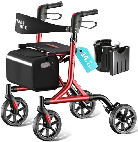 WALK MATE Rollator Faltbar und Leicht mit Sitz für schmale Wohnungen | Rollator Leicht Klappbar für Senioren,20cm Tyres for All Terrain,5 stufige Höhenverstellung,Leichtgewicht nur 6,7 kg