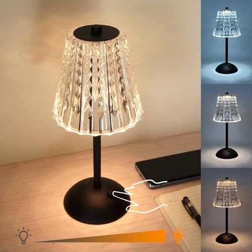 Amingulry Cordless Rechargeable Metal Table Lamp, Crystal Shade, Black | 4000mAh Battery Operated, 3 Color Modes, Dimmable LED Touch Beside Ambient Light, Portable for Bedroom Restaurant Outdoor