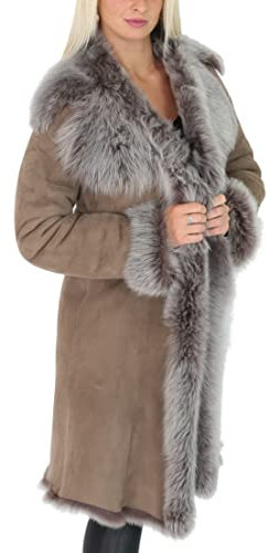 Divergent Retail DR220 Damen Mantel Lammfell Lammfell Lang Italienisch Schaffell Leder Braun Taupe, Braun Taupe, 46