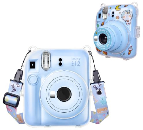 HIYQIN Housse Transparent pour Appareil Photo Instantané Fuji Instax Mini 12 – Coque Rigide Transparente pour Polaroid Instax Mini 12 avec Bandoulière et Autocollant - Bleu