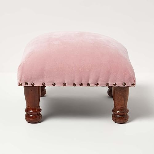Homescapes Samthocker rosa 40x40x25 cm, Kleiner Hocker mit Holzbeinen, Polsterhocker Baumwollsamt