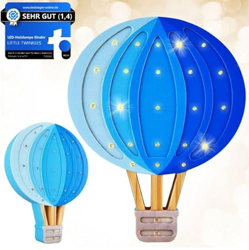 Kinder Nachtlicht aus Kiefernholz – Dimmbar, Timer, Warmes & Angenehmes Licht – Kinderzimmer Deko-Lampe, Leselampe & Schlummerlicht, Ballon Blau