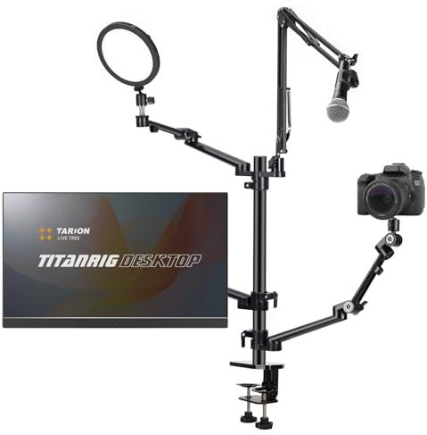 TARION Support de Bureau 4 en 1 pour Caméra en Streaming avec Perche Micro + 3 Bras Articulés - Compatible Ring Light Moniteur/Ordinateur - TitanRig