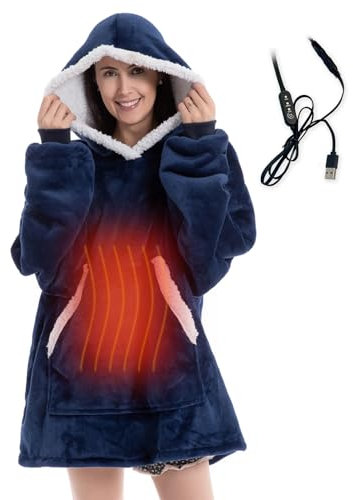 Heated Wearable Blanket USB Electric Hooded Blanket with 3 Heating Levels, Warm Cozy Flannel Hoodie with Large Pocket Unisex Sweatshirt, Navy, Controller with Cable