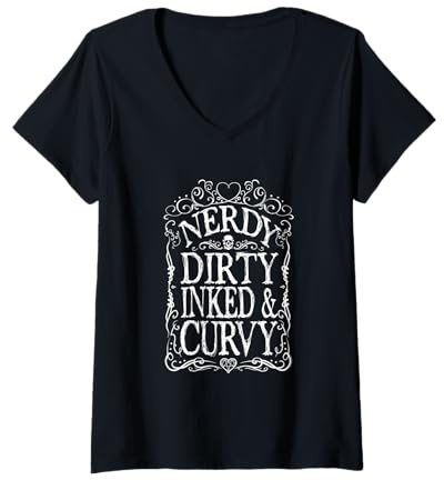 Damen Nerdy Dirty Inked & Curvy T-Shirt mit V-Ausschnitt