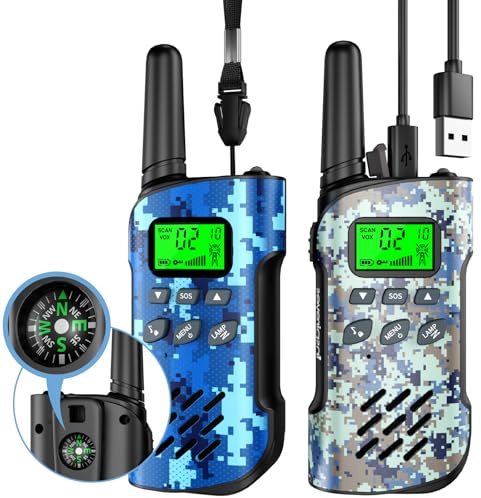 Inspireyes Walkie Talkie Niños Recargable con brújula,48 Horas de Tiempo de Trabajo,3 kilómetros de Largo Alcance, Regalos de Cumpleaños,Juguetes al Aire Libre para niños de 3 a 12 años,Paquete de 3