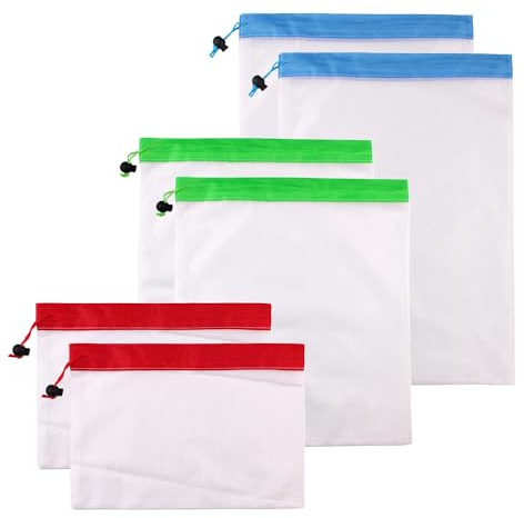 SYEYCW 6 Pcs Reusable Produce Bags, Drawstring Mesh Bags for Vegetables, Fruits, Grocery, Travel, Home, 3 Sizes