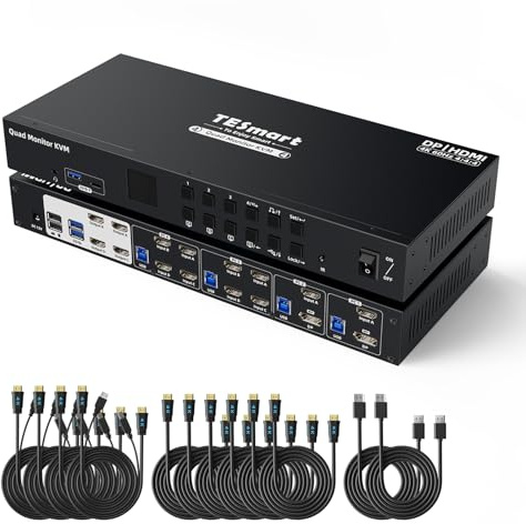 TESmart USB 3.0 DisplayPort HDMI KVM Switch, for 4 Monitors 4 Computers | KVM Switch Quad Monitor 4K@60Hz, with Multi-Stream Transport(MST), EDID Emulators, Headset Port, Hotkey Switch, Button Switch