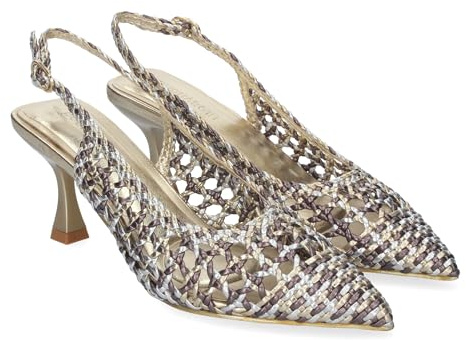 Zapato de Tacon Fino para Mujer, Comodo y Elegante, Estilo Salon, de Punta Fina, de Material Entrelazado, y Cierre de Hebilla.