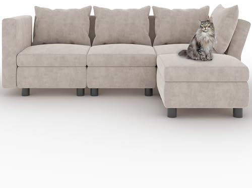 Flamaker Couch L Form, Ecksofa mit Stauraumbettkasten und Polstermöbel, Convertible Sectional Sofa mit Winkelverstellbaren Armlehnen und Rückenlehnen (Beige, 4 Seats)