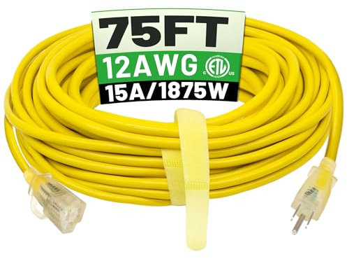 POWGRN Outdoor Extension Cable 3M Waterproof Heavy Duty with Illuminated Indicator 12 Gauge 3 Tips Flexible Long Power Cord Cold Resistant