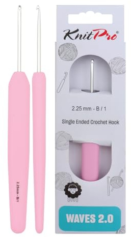 KnitPro Waves Häkelnadeln – 2,25 mm Häkelnadel, ergonomische weiche Griffe, weicher Gummigriff für arthritische Hände, leichte und bequeme Häkelnadeln zum Stricken, Rosa
