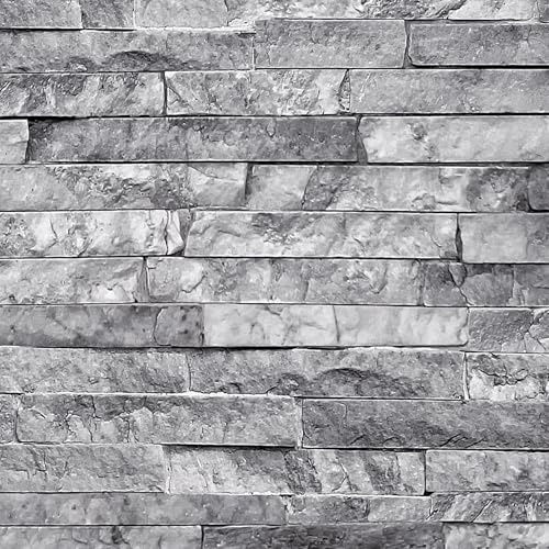 Shackcom Grey Brick Wallpaper Peel and Stick 3 Rolls 40 x 300cm, Retro Faux 3D Rock Stone Textured Contact Paper Self-Adhesive Removable Waterproof & Oilproof for Kitchen Back-Splash, Bathroom