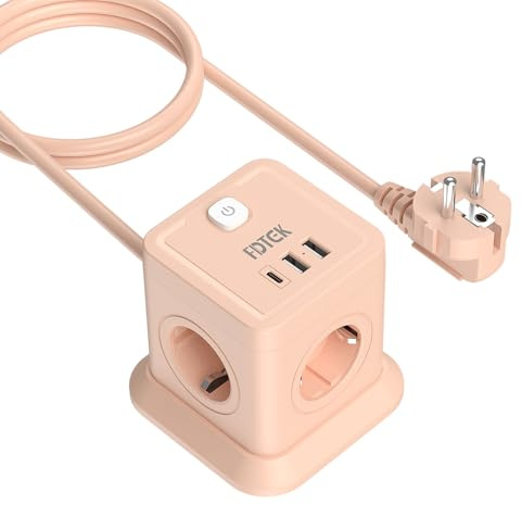FDTEK Ciabatta Multipresa Cubo, Multipresa Elettrica con 4 Prese AC e 1 USB C + 2 USB A, Multiprese con Interruttore e Protezione da Sovratensioni, Cavo 1,8 m, Adatta per Ufficio e Casa, Rosa