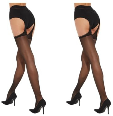 Fiore Collant sexy senza cavallo effetto reggicalze, setoso e trasparente 20 DEN – Nero da 2 paia - T4