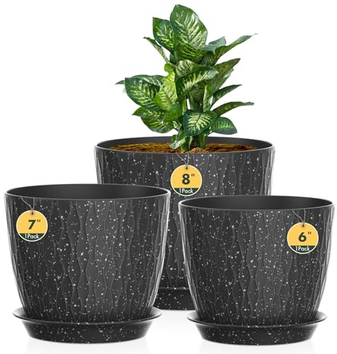 Lot de 3 grands pots de fleurs en plastique avec trous de drainage et plateau pour intérieur et extérieur (noir avec mouchetures blanches) 20/18/15 cm