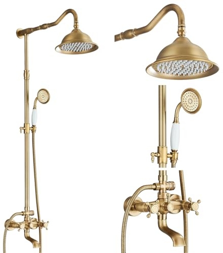 Saeuwtowy Duschset messing Duschsystem Regenduschset Komplettset mit Handbrause Mischbatterie Vintage Duscharmatur aus mit HandbrauseBadewanne Kit mit ausziehbarer Halterung (100-135 cm)