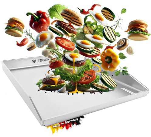 FENNEK Plancha 40 x 30 cm Teppanyaki Grillplatte mit Vorderkante & großem Ablaufloch | 4,0 mm Edelstahl | Für Burger, Gemüse, Fisch uvm. | Spülmaschinenfest | hochgezogene Kanten | Made in Germany