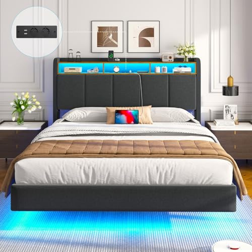 Brinlawb Lit Flottant 140×190 cm avec multiprise (2 Prises, 1 USB-A, 1 USB-C) et éclairage LED, Lit 140 x 190 avec sommier et tête de lit rembourrée, Une étagère et 3 Compartiments, Solide et Stable