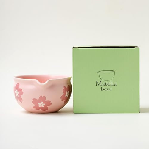 YlobdolY Tazón de cerámica para matcha con boquilla de vertido, cuenco tradicional hecho a mano de porcelana esmaltada con flores rosas, cuenco para mezclar té matcha japonés con caja de regalo para