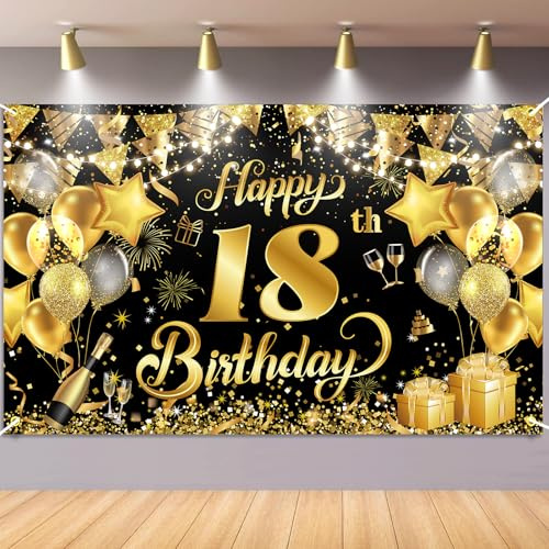 18.Geburtstag Banner Schwarz Gold, Waylipun Geburtstag Party Dekorationen, Geburtstagsbanner Hintergrund Banner für Jungen Mädchen Frau Mann, 180×110cm