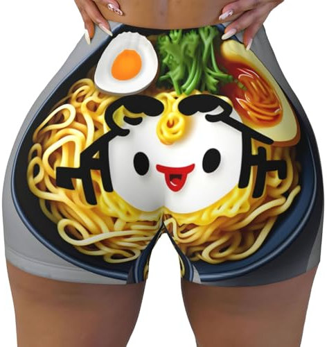 Pantalones cortos de entrenamiento para mujer, diseño de huevera, fideos, ramen, elásticos, para gimnasio, ejercicio, cintura alta, para yoga, NEGRO, XL