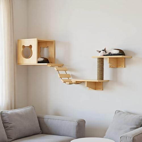Zertylre Juego de pared de escalada para gatos, 5 piezas, muebles de pared para gatos, muebles para gatos con 1 casa para gatos, 2 plataformas, 1 escalera para gatos, 1 columna, hasta 15 kg