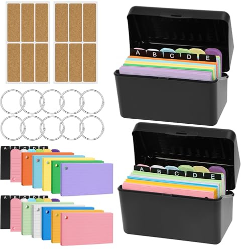 2 Piezas Caja de Tarjetas de Estudio 500 Flashcards Multicolor 300 Fichas Estudio 10 Tarjetas de Índice Negra 10 Anillos 12 Pegatinas para Escolar, Oficina y Hogar