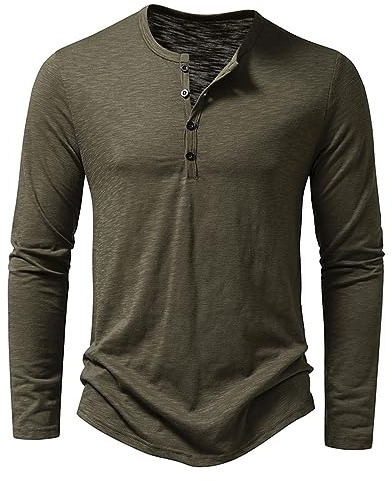 Mens Long Sleeve Henley Shirts Grandad T-Shirts Solid Color Casual Tops for Men Button Down Shirt Regular Fit Autumn Winter Clothes (Green, S)