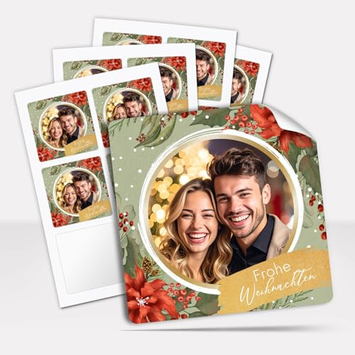 Weihnachtsaufkleber personalisiert mit Deinem Foto quadratisch für Geschenke ca. 5,5 cm Aufkleber Frohe Weihnachten Geschenkaufkleber Vintage Look