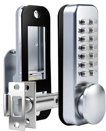 Digital Door Lock Mechanical Keyless Combination Lock, Keypad Code Lock with Hold Latch, Security Deadbolt for Front Door Shed Gate, Weather-Resistant Reversible Left Right (Silver)