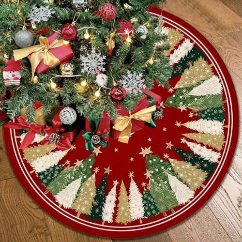 Christmas Tree Skirt 48 Inch for Indoor Outdoor Christmas Decorations Colorful Xmas Tree Skirts Mat with Stars Design Red Ornaments Christmas Tree Skirts Xmas Decorations Holiday Party Decoration