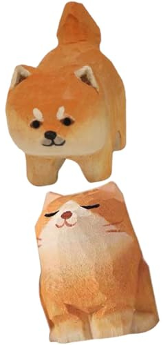 TOKIDNY Holzgeschnitzte Katzen und Hundefiguren, 2 Stück für Deko | Realistische Tischornamente, Leicht, Kreative Form, als Geschenk für Familie oder Auto