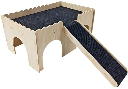 Kronabelle Meerschweinchenhaus, großes Holzschloss, Rampe, 38 x 25 x 18 cm, mit grauem Stoff, Kauspielzeug sicher, einfache Montage