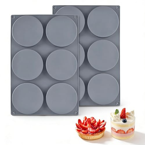 Techchii 2 PCS Silicone Moulds for Baking, 4 Inches Round Disc Cake Mould | 6-Cavity Large Silicone Mould, Non-Stick & Quick Release, for Mousse Cake, Pie, Pudding (Grey)