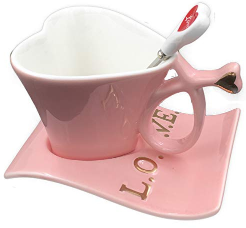 UUOUU Tazza di caffè in ceramica tazze a forma di cuore rosa creativo tazza di latte con cucchiaio regalo di San Valentino Set di tazze per gli amanti