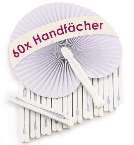 WeddingTree 60x Handfächer Hochzeit - Weiß - Papierfächer Hochzeit mit Griff und Verschluss - Handfächer weiß für Sommer, Events & Hochzeitsdeko - Fächer Hochzeit Gäste - Hochzeitsfächer