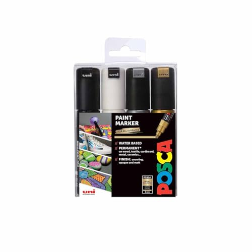 POSCA PC-8K Broad Chisel Tip Acrylic Paint Marker Pens, 4 Mono Colours, For All Surfaces (Pack of 4 Pens)