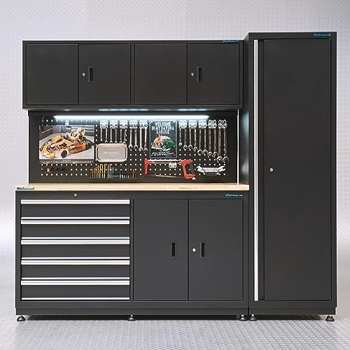 Datona - Werkzeugbank 160 cm mit hohem Werkstattschrank & 5-Schubladen-Schrank - Arbeitsplatte Eiche 95 cm Arbeitshöhe - robuster Stahl schwarz pulverbeschichtet - montiert