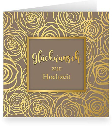 Kartenkaufrausch 24 x Feine Hochzeitskarte mit Rosen Blüten edel üppig in Gold Optik innen weiß (quadratisch, 15,5x15,5cm mit Umschlag), braun: Glückwunsch zur Hochzeit- große XL Karte