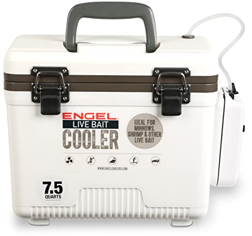Engel 7.5qt Live Bait Cooler Box with 2nd Gen 2-Speed Aerator Pump - Portable Fishing Station & Minnow Bucket for Shrimp & Other Live Fish with Aerator - ENGLBC7-N in White