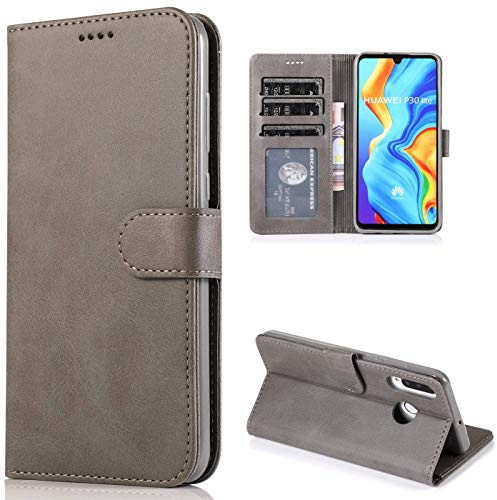 CTIUYA Coque pour Huawei P30 Lite, Étui Flip Case en Cuir Portefeuille Coque à Rabat Housse avec Porte Carte Magnétique Antichoc Protection Complète Etui pour Huawei P30 Lite,Gris