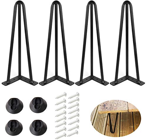 ALXEH 10 Inch Hairpin Table Legs 1/2” Dia 3-Rods Hairpin Feet, DIY Black Coffee Table Legs Heavy Duty Metal Furniture Feet for TV Stand, Bench and Nightstand, Set of 4