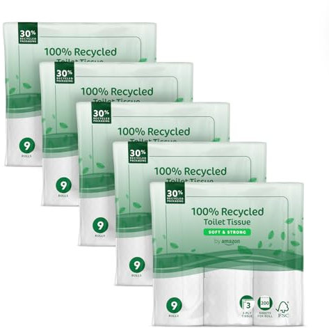 by Amazon Toilet Roll, 3-ply 100% Recycled, Soft and Strong, 45 Rolls (5 Packs of 9), 200 Sheets per Roll, FSC Certified