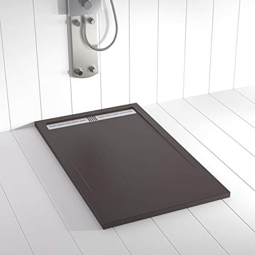 Plato de ducha Resina FLOW Chocolate RAL 8017-70x90 – Textura Pizarra – Antideslizante – Incluye rejilla y sifón