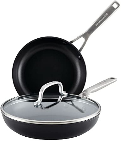 KitchenAid Harteloxiertes Induktions-Bratpfannen-Set mit Deckel, 3-teilig, 20,3 cm und 25,4 cm, langlebig, gleichmäßiges Erhitzen, spülmaschinen- und ofenfest, leicht zu reinigen, mattschwarz