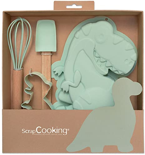 SCRAP COOKING - Coffret Pâtisserie Dinosaure pour Enfants - Coffret Cadeau 4 Ustensiles : Fouet, Cuillère, Moule & Découpoir – Bois, Silicone & Inox - Pour Gâteaux, Biscuits Dinos - 1134