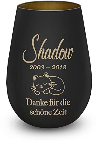 Trauerlicht Katze personalisiert Gravur Name Datum Gedenklicht Schwarz | Windlicht, Erinnerung, Teelichtglas, Grablicht, Kistallglas mit Personalisierung, würdevolles Andenken, Trauergeschenk